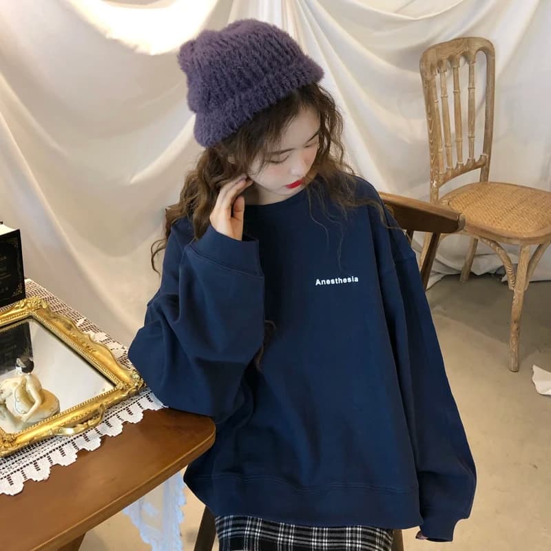 Loose Fit Long Sleeve Ulzzang Hoodie Women's Spring Autumn New Style Student Cotton Polyester Blend round Neck Commute Wind
