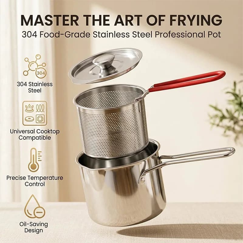 Mini Deep Fry Pot 304 Stainless Steel Deep Frying Pan With Filter Basket Oil‑Saving Kitchen Cooking Pot for Gas Stove Home Use