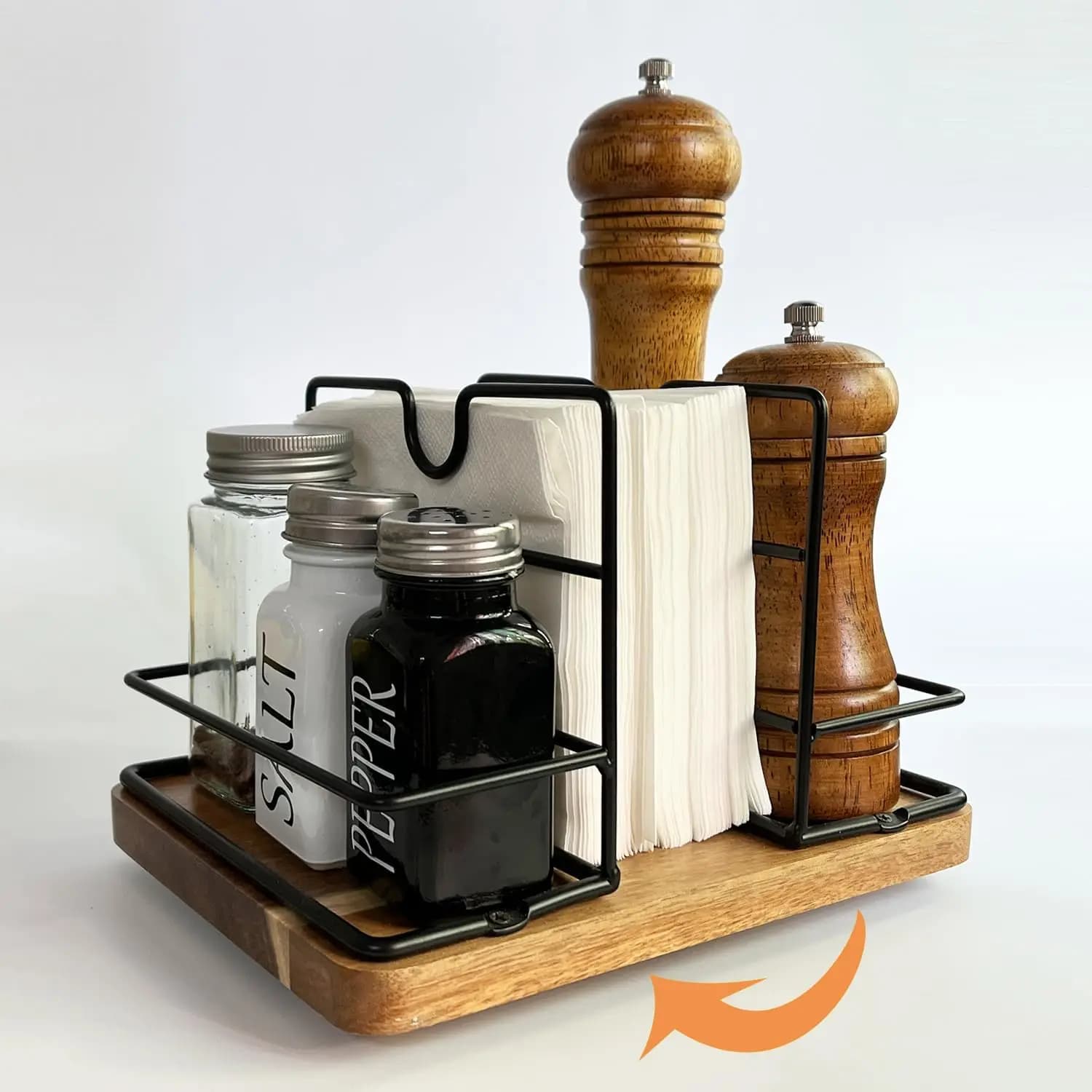 Dispenser rotante per tovaglioli in legno, organizer da cucina in acacia con supporto per barattolo di spezie, set di decorazioni per tavolo da pranzo rustico, marrone