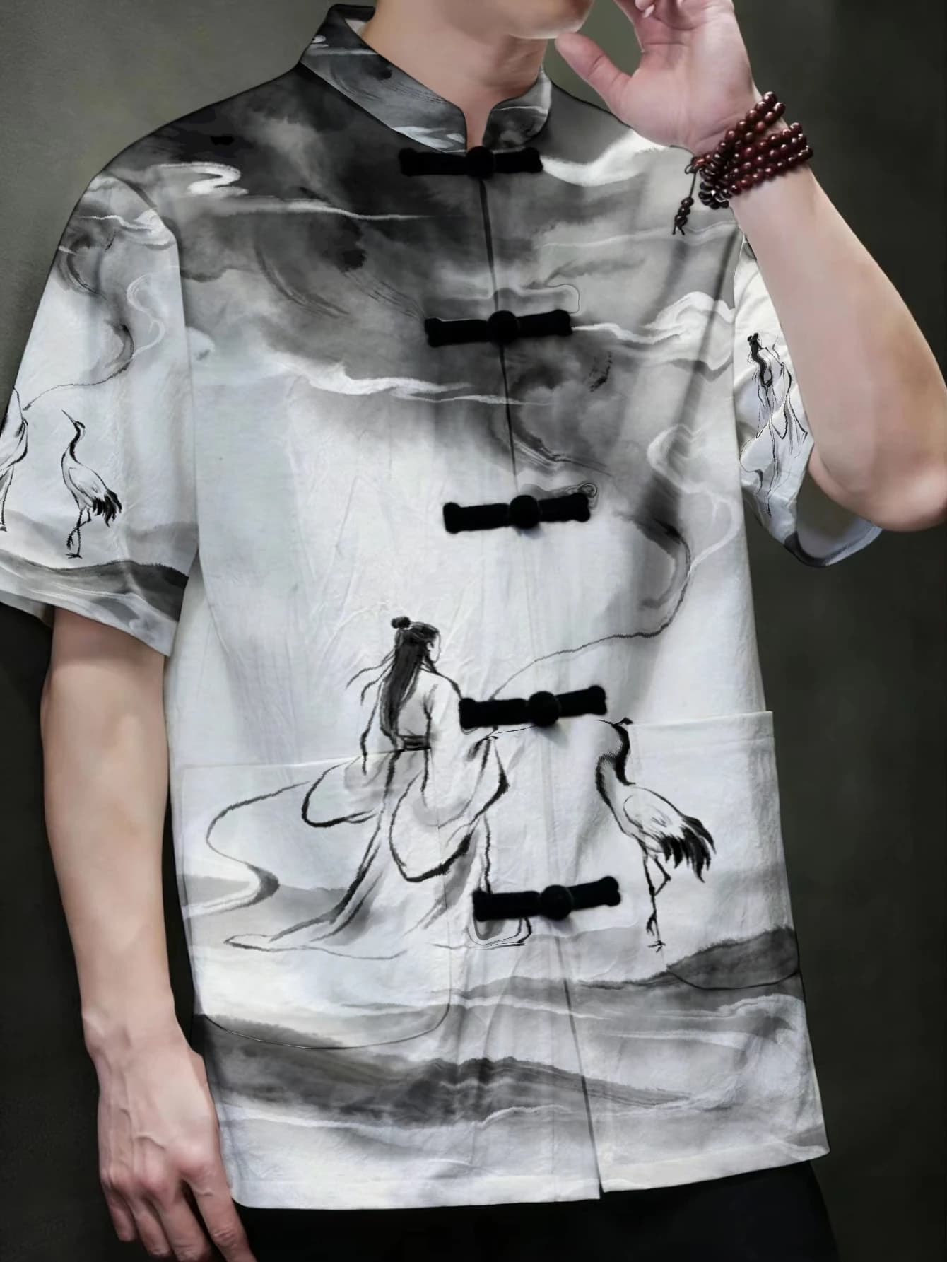 Men Chinese Ink Painting Tang Suit Short Sleeve Jacket Mandarin Collar Frog Button Ancient Figure Crane Cloud Print Loose Open F