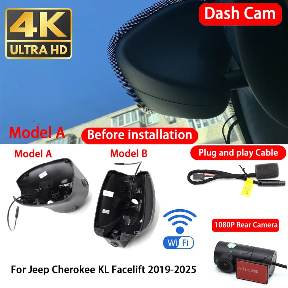 for Jeep Cherokee KL Facelift 2019-2025 4K Dash Cam Front Rear Car Camera DVR Wifi Plug & Play Video Recorder Loop Recording