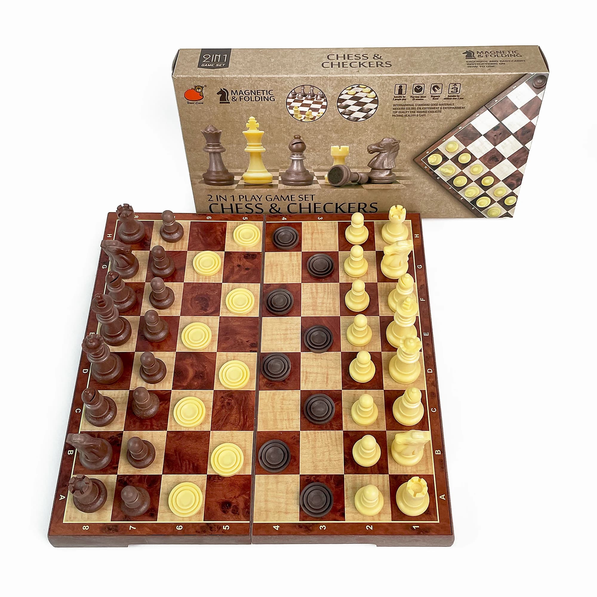 Set da tavolo portatile da viaggio 2 in 1 pieghevole con scacchiera e dama magnetica effetto legno 31cm x 31cm