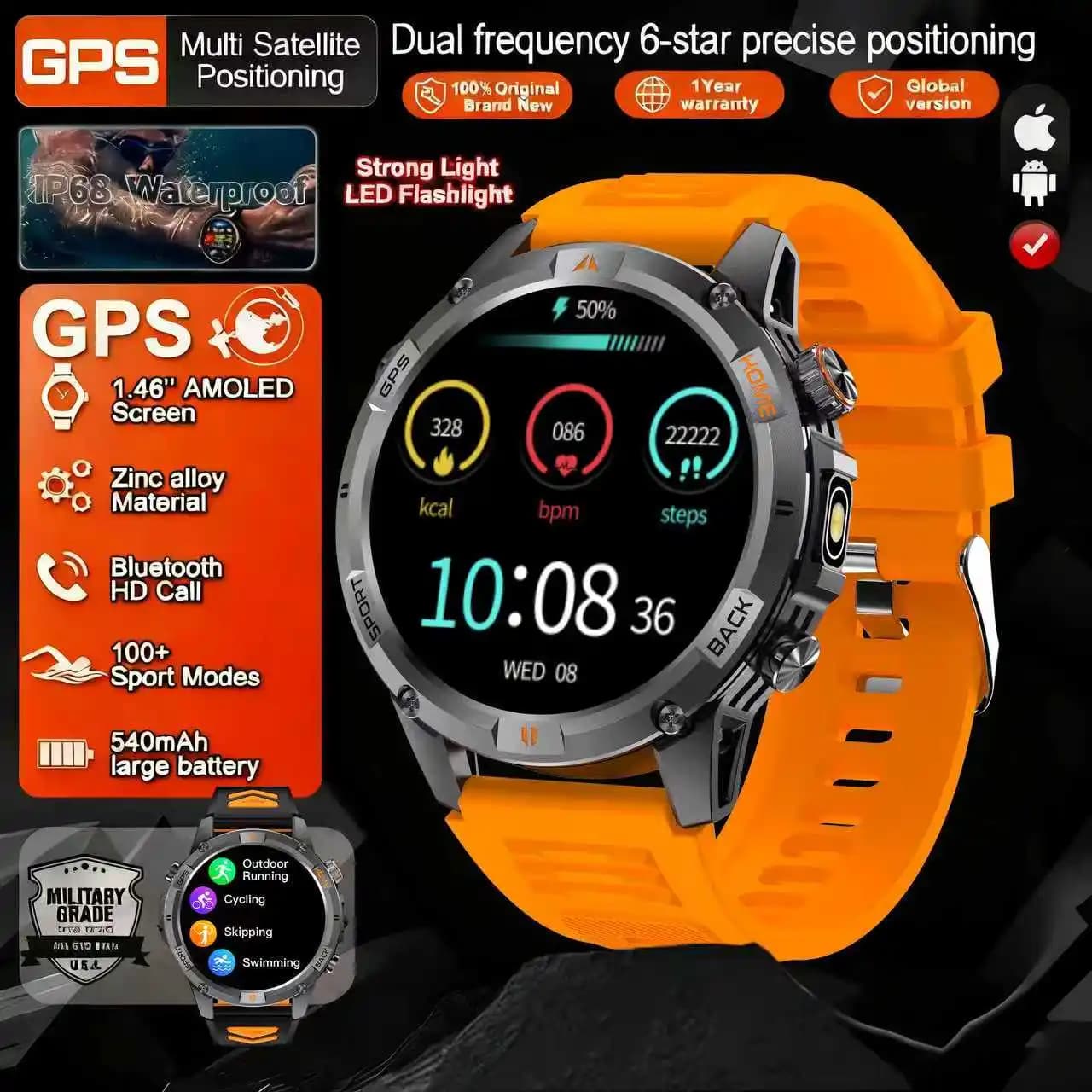 2025 militare Professionale Esercizio All'aperto Smartwatch Bussola GPS 1.46 "Ultra HD Chiamata BT Incorporata Test di Salute Orologio regali Nuovo