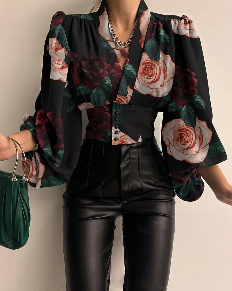 Camicetta da donna sexy irregolare scollo a V Blusas moda manica a lanterna solido autunno elegante streetwear casual tunica allentata top