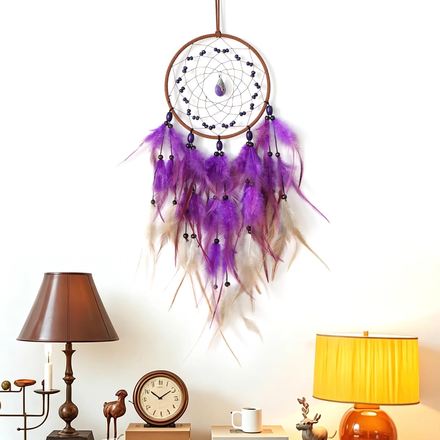 Handmade Tribal Blue Dream Catcher Natural Feather Bead Wall Decor for Boho Bedroom Aesthetic Ornament Wind Chimes Girls Gifts