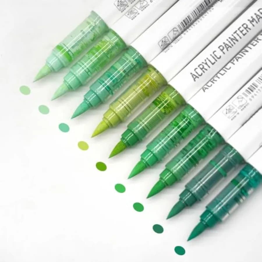 Water Based Acrylic Paint Markers Green, 9 Colors Acrylic Paint Pens Set with Soft Brush Tip, Marker Pen for Rock Painting, Egg