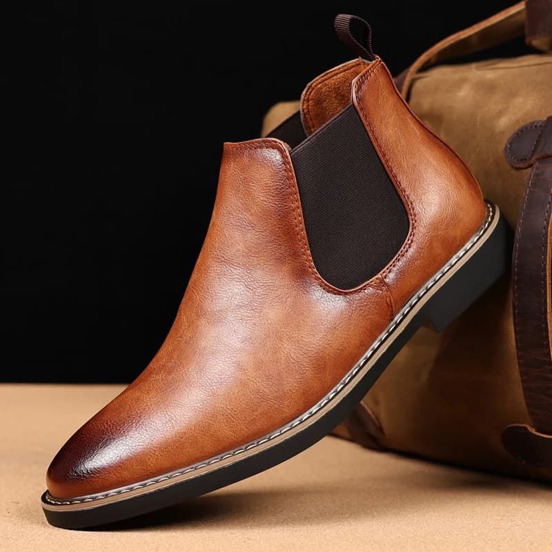 British Style Men's Chelsea Boots Retro Brown Pointed Toe Ankle Boots Man High Top Leather Shoes Men Slip-on Boots Big Size 47