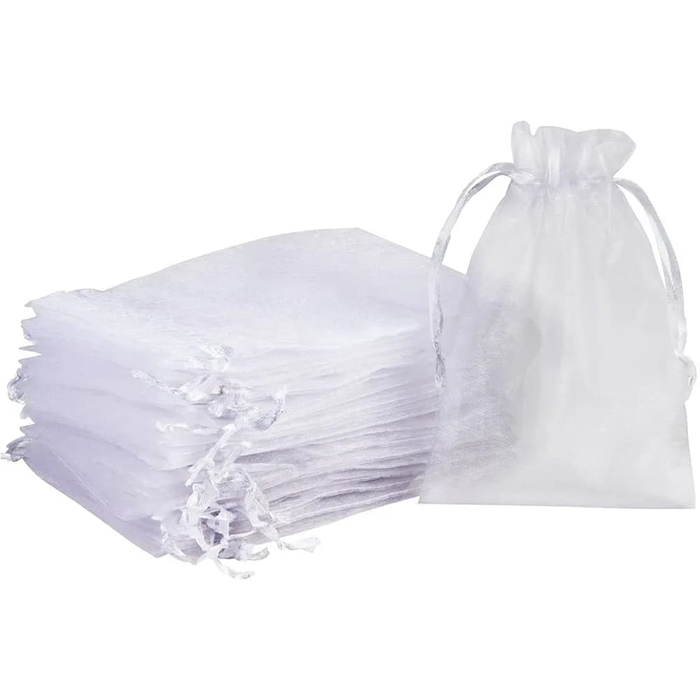 100 pz/lotto Sacchetto Regalo In Organza Per Gioielli Sacchetti Con Coulisse Bianchi Per La Cerimonia Nuziale Sacchetti Regalo Di Caramelle Di Natale Imballaggio Dei Gioielli