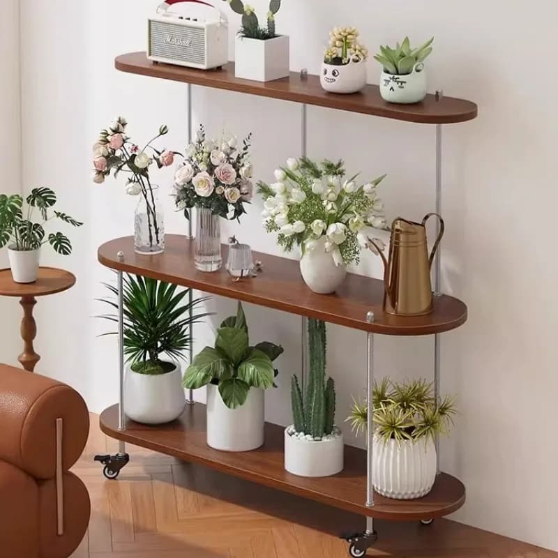 Supporto per Piante in Legno Massello e Ferro, Portavaso da Terra Mobile, Scaffale Rotante Resistente per Interni ed Esterni, Casa e Giardino