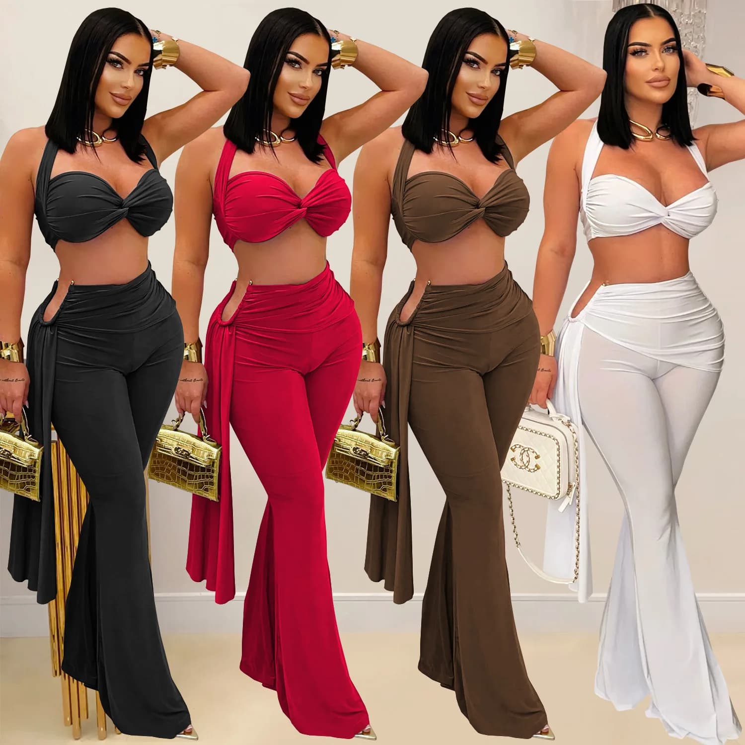 Top bikini sexy con scollo all'americana Set di pantaloni a 2 pezzi Completi Y2K Streetwear Pantaloni svasati da donna Tuta Elegante fasciatura Top Set di due pezzi