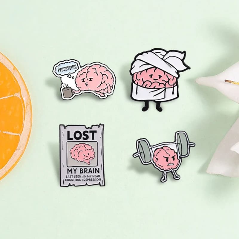 Funny Brain Enamel Pins Lost My Brain Processing Overload Fitness Weightlifting Bathrobe Brain Brooches Lapel Badge Jewelry Gift