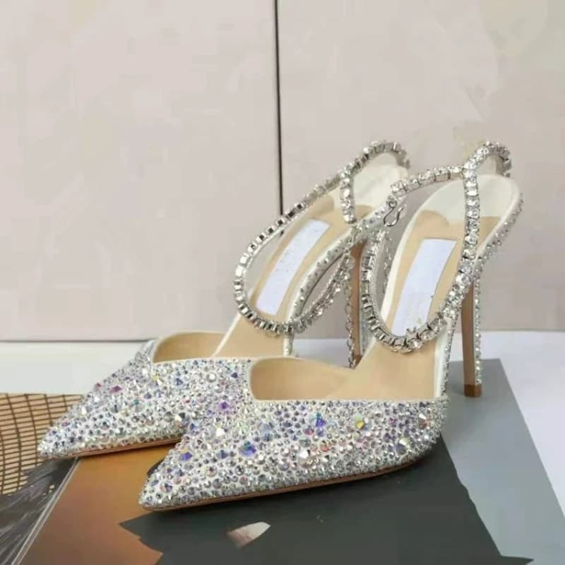 Nuove Scarpe Estive da Donna con Catena di Cristalli, Tacchi Alti di Lusso, Sandali Sexy con Diamanti, Scarpe Firmate per Donne