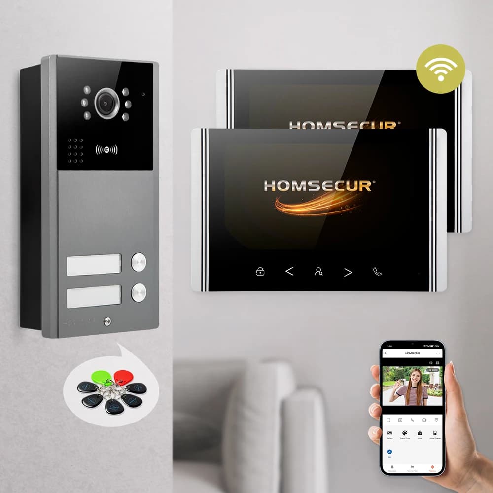 HOMSECUR 7" WIFI Videocitofono Chiamata Citofono Monitoraggio esterno per 2 famiglie