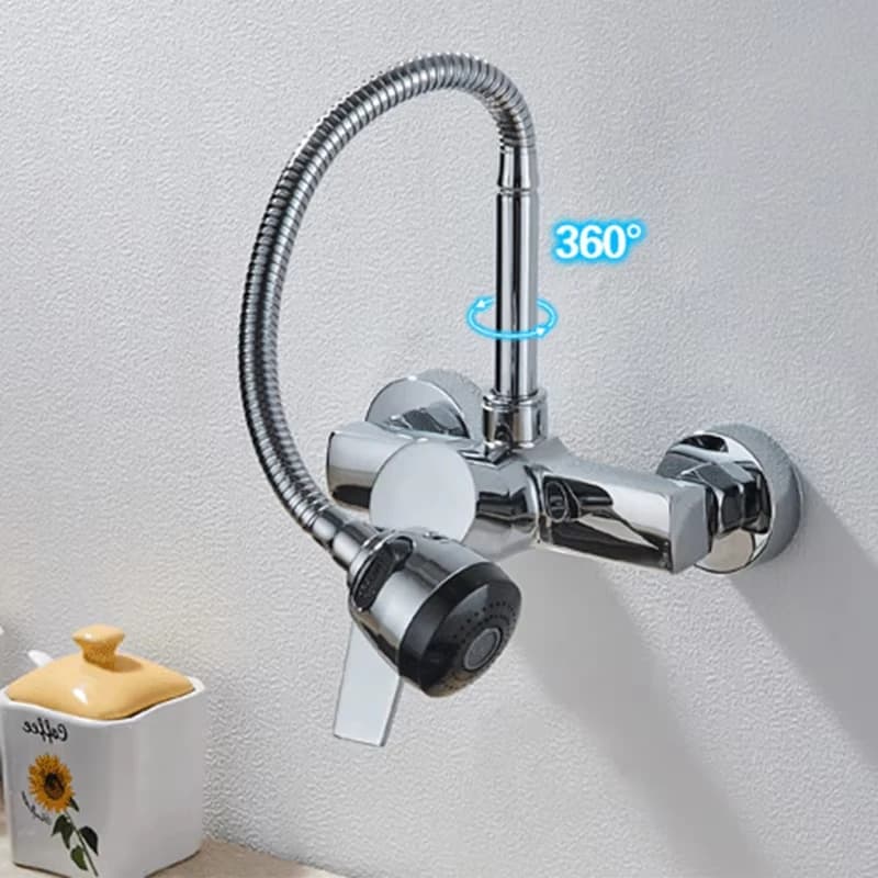 Girevole a parete cromato/nero, beccuccio bidirezionale, spruzzatore per flusso d'acqua, miscelatore da cucina con tubo flessibile per acqua calda e fredda