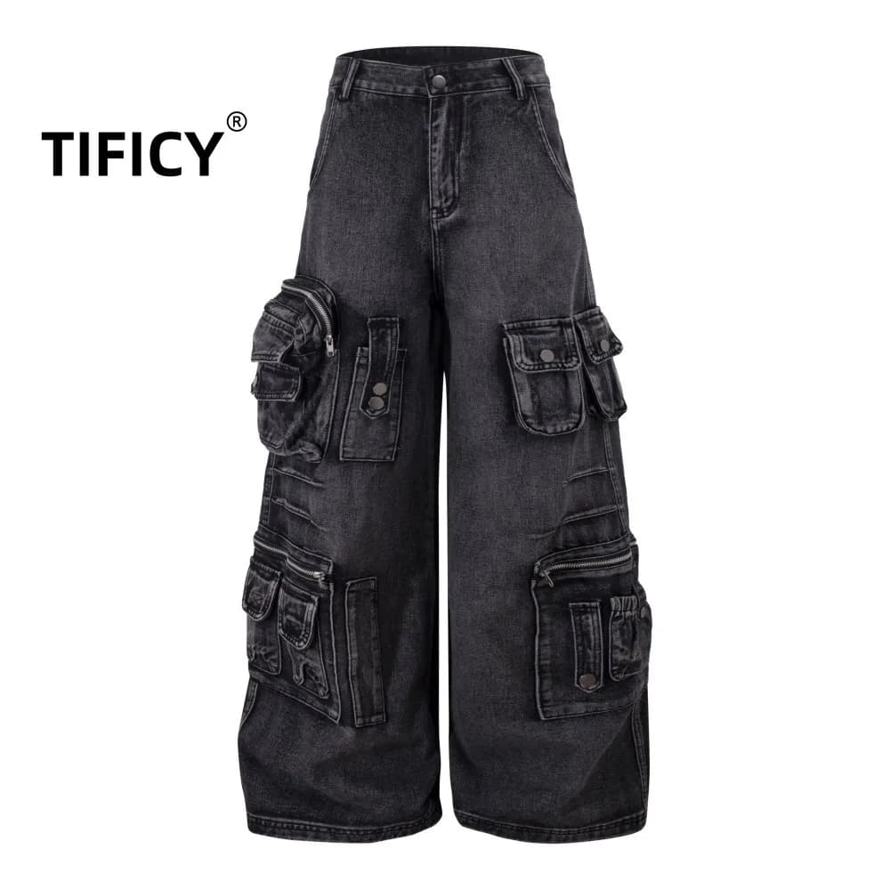 High Street Jean Pants Women's New Functional Style Multi Pocket Workwear Loose and Wide Legs Casual Loose Denim Pants
