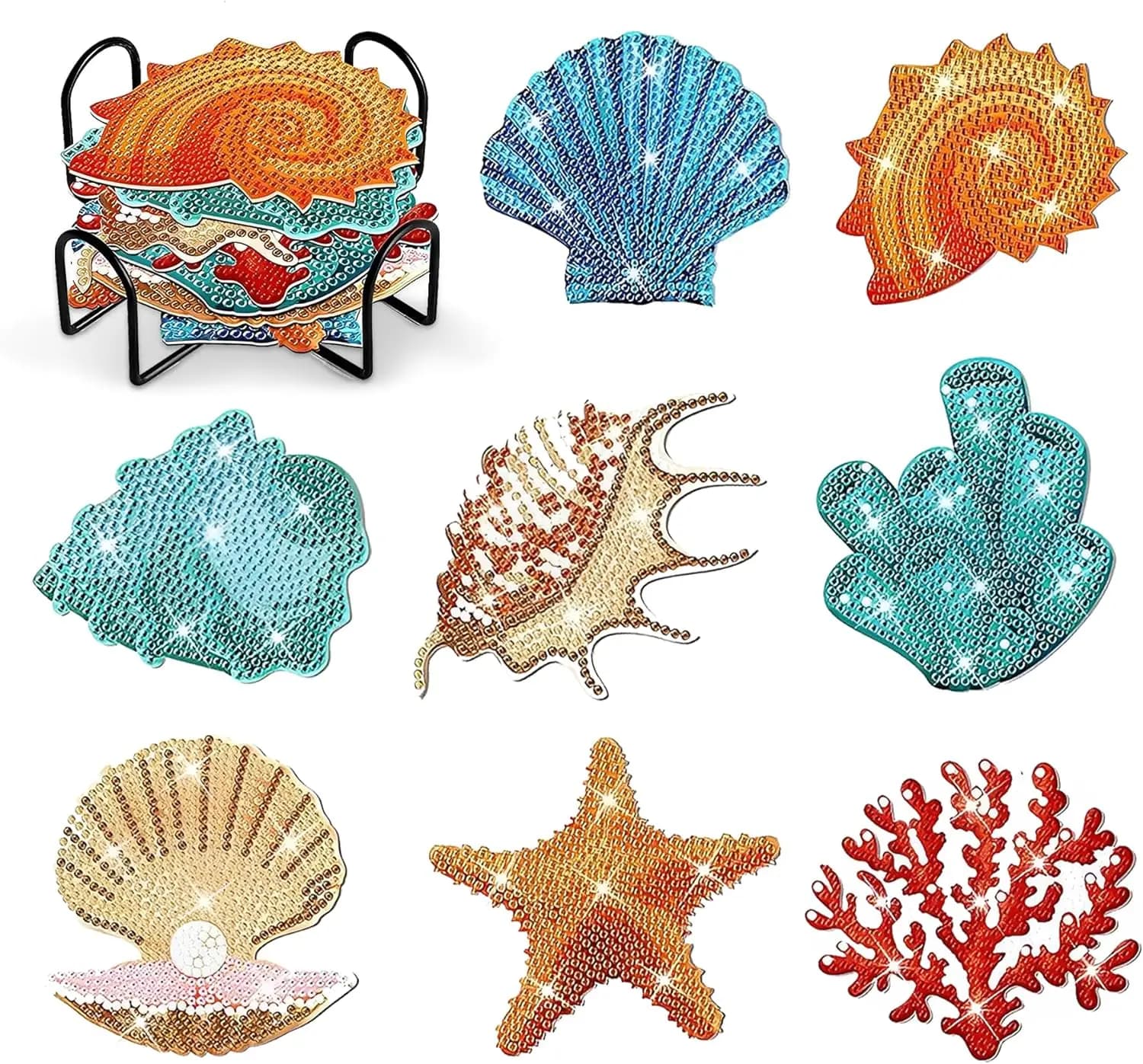 8 sottobicchieri con pittura diamantata | Sottobicchieri con Diamanti Decorativi | Dipinto con Diamanti di Conchiglie Marine | Regalo Artistico Perfetto per Conchiglie Marine