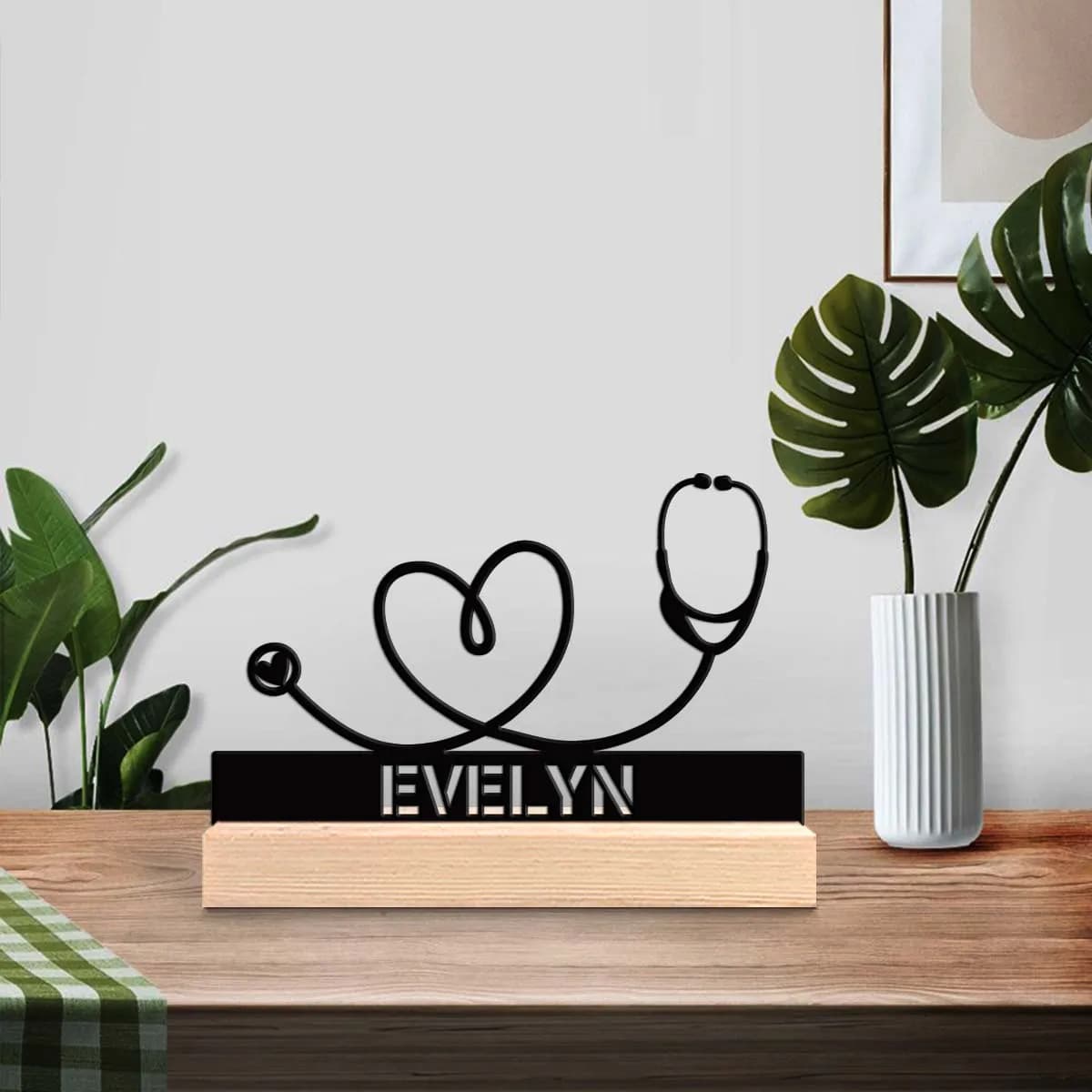 1 Piece Metal Artistic Ornament with Stethoscope Shaped Wood Base, Home Decoration, Office, Hotel, Coffee, Club, Ideal Gift for Family and Friends