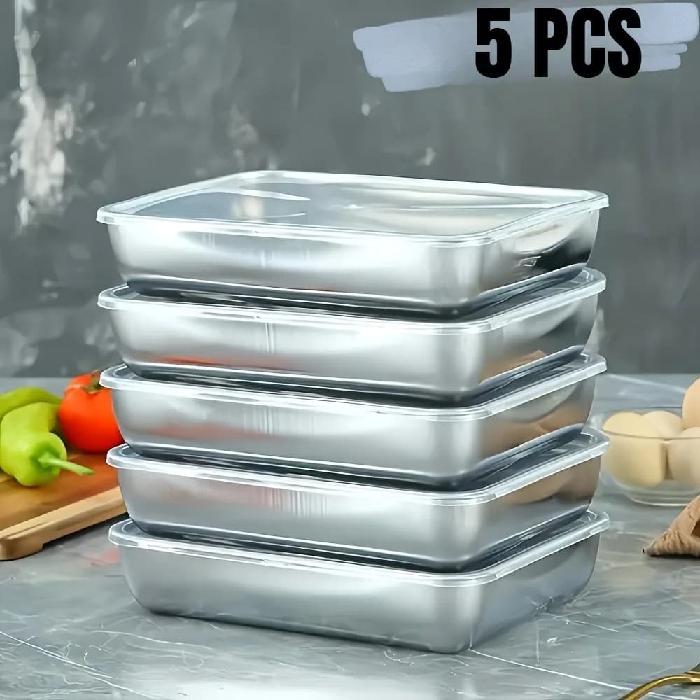 Contenitori per alimenti in acciaio inossidabile da 5 pezzi, organizer da cucina ermetico impilabile per frigorifero e congelatore, preparazione di pasti di frutta e insalata