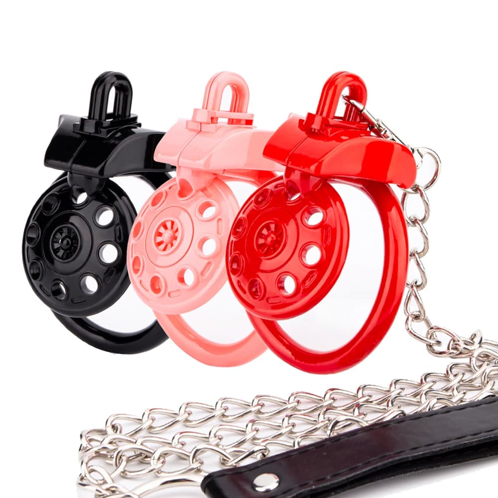 Piccola gabbia per gallo piatta leggera gabbia di castità maschile con catena di trazione cintura di castità Sissy Slave Training BDSM Sex Toys For Men
