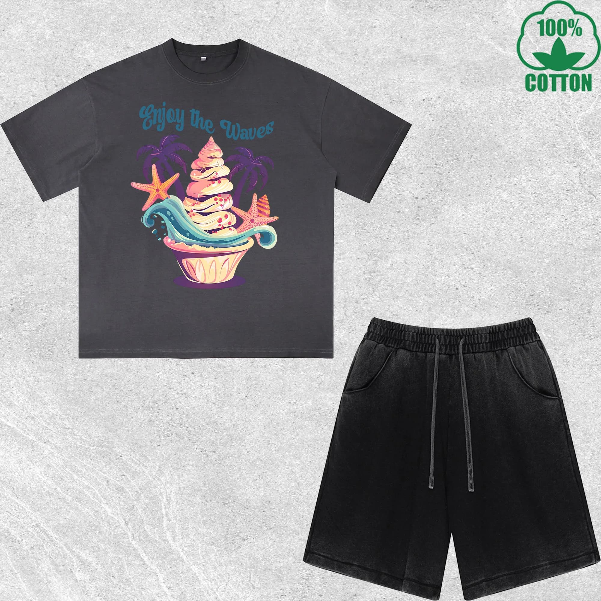 Set T-Shirt e Pantaloncini con Stampa 'Enjoy the Waves', Effetto Lavato, Multicolore, Stile Trendy e Comodo, 100% Cotone