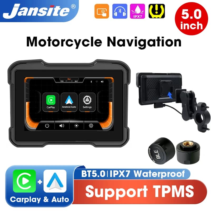 Portable 5" Motorcycle Touch Screen GPS Navigation Wireless Carplay Android Auto IPX7 Waterproof BT Moto Monitor Support TPMS