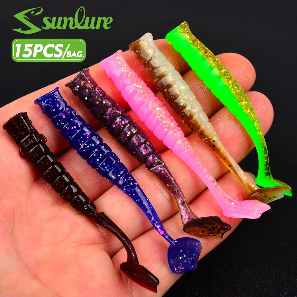Sunlure 15/38PCS Threaded Fluctuated T-Tail Soft Bait 6 Colors Artificial Silicone Realistic Swimming Bait Seawater Fish Lures