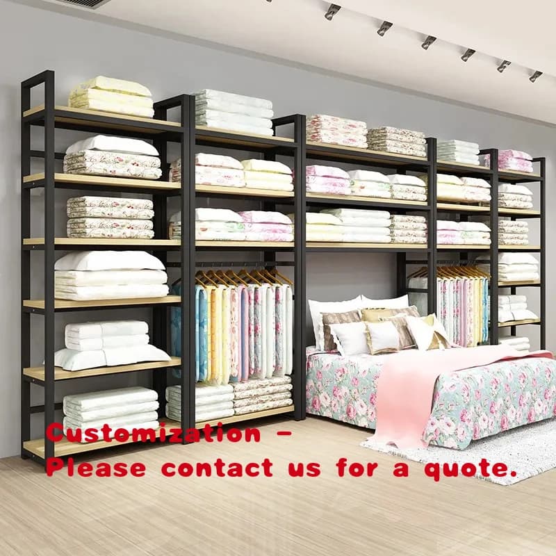 Espositore personalizzato in oro per biancheria da letto, sciarpe e lenzuola, scaffale portaoggetti per cuscini e copripiumini per negozi di mobili