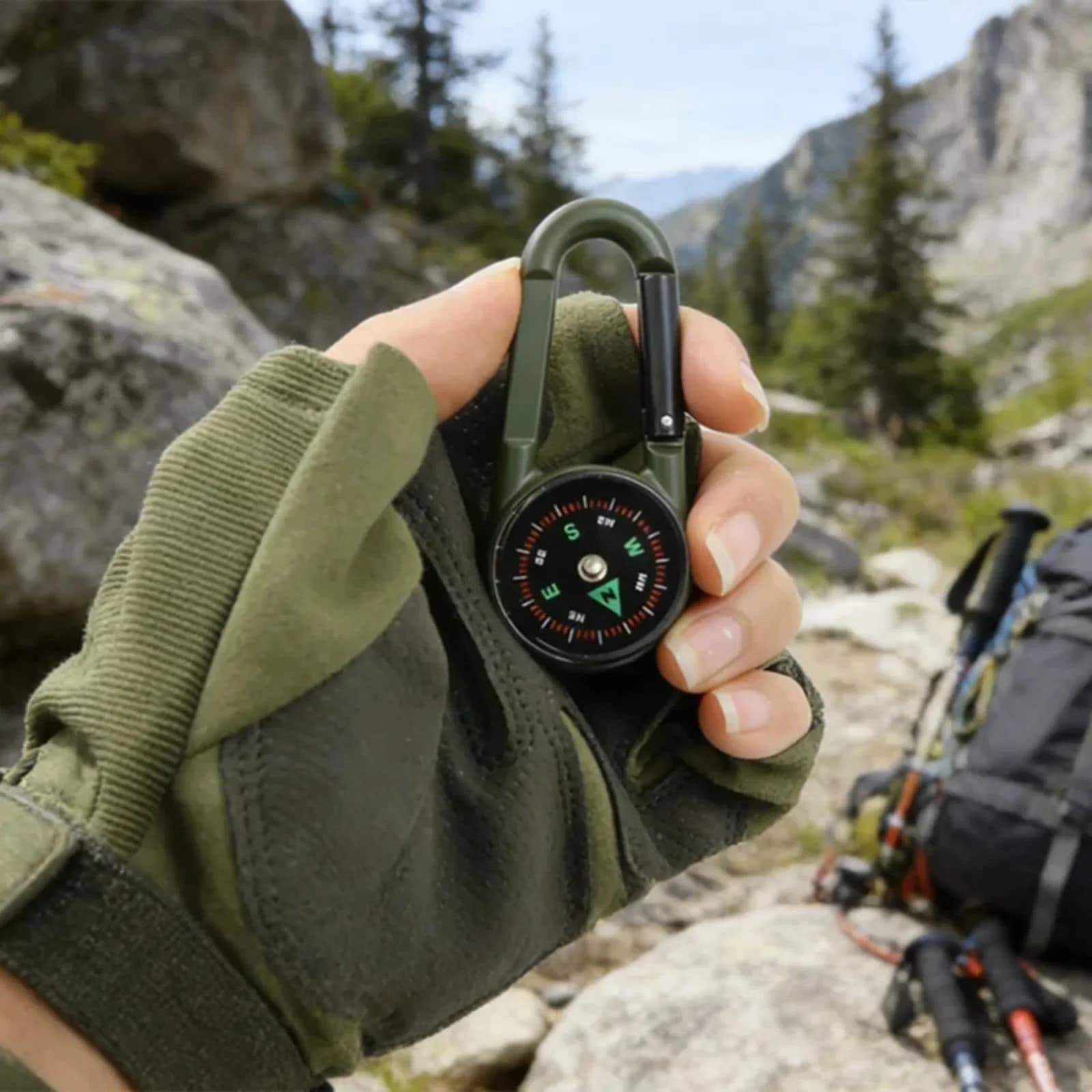 Moschettone 3 in 1 con Bussola e Termometro, Portachiavi da Sopravvivenza per Esterni, Gancio Portatile da Tasca per Alpinismo, Guida Direzionale