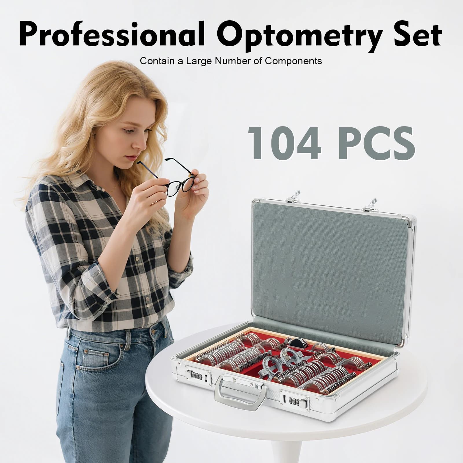 Set di 104 Lenti di Prova Ottiche Regolabili con Montatura in Plastica e Valigetta in Alluminio, Strumento per Optometria con Custodia e Tabella Ottometrica
