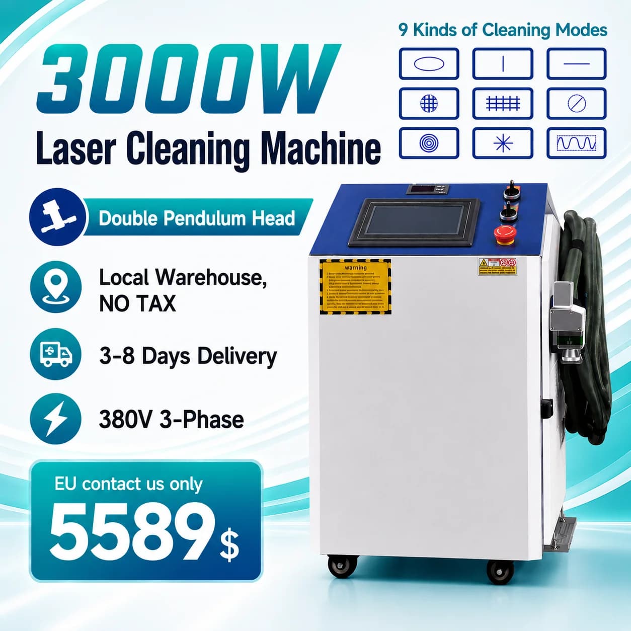 Macchina per Pulizia Laser 3000W 3KW 380V, Pulitore Laser 1500W 2000W 3000W a Doppio Pendolo per Rimozione Ruggine, Olio e Vernice su Superfici Metalliche e in Pietra, Raffreddamento ad Acqua