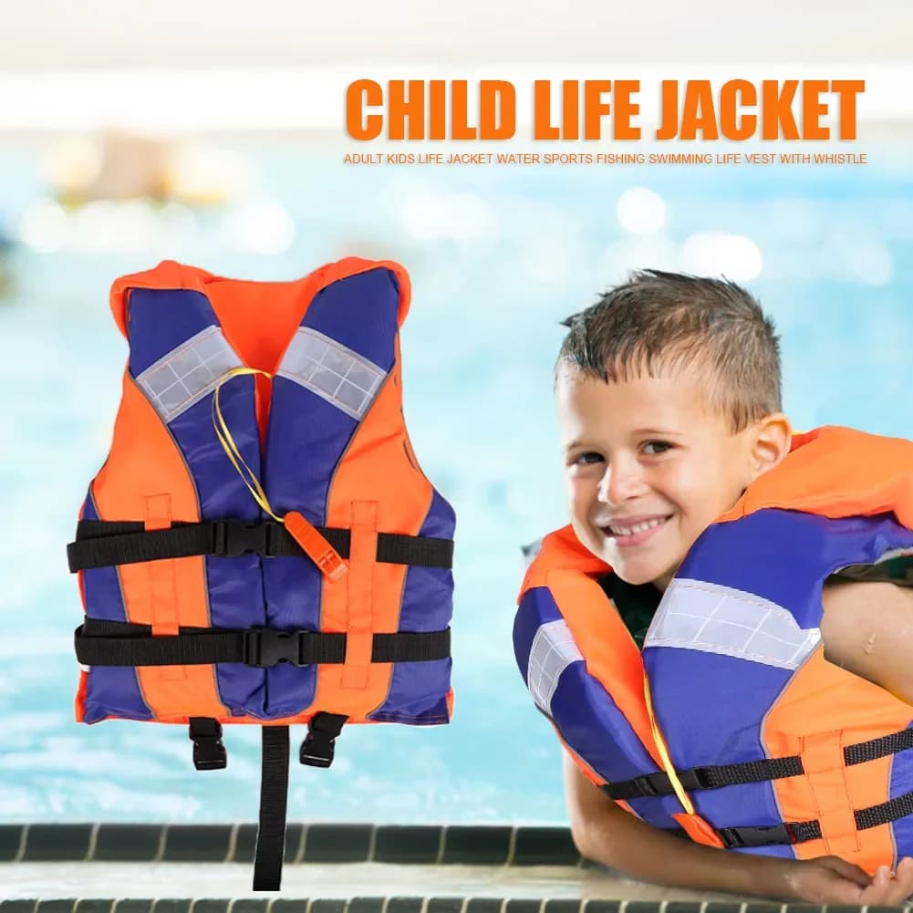 Giubbotto di salvataggio per bambini con strisce riflettenti e fischietto per pesca, canottaggio, drifting e sport acquatici