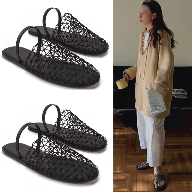 Sandali da donna con rete a rete, design traforato traspirante, casual, slip-on, punta tonda, tacco piatto, moda estiva