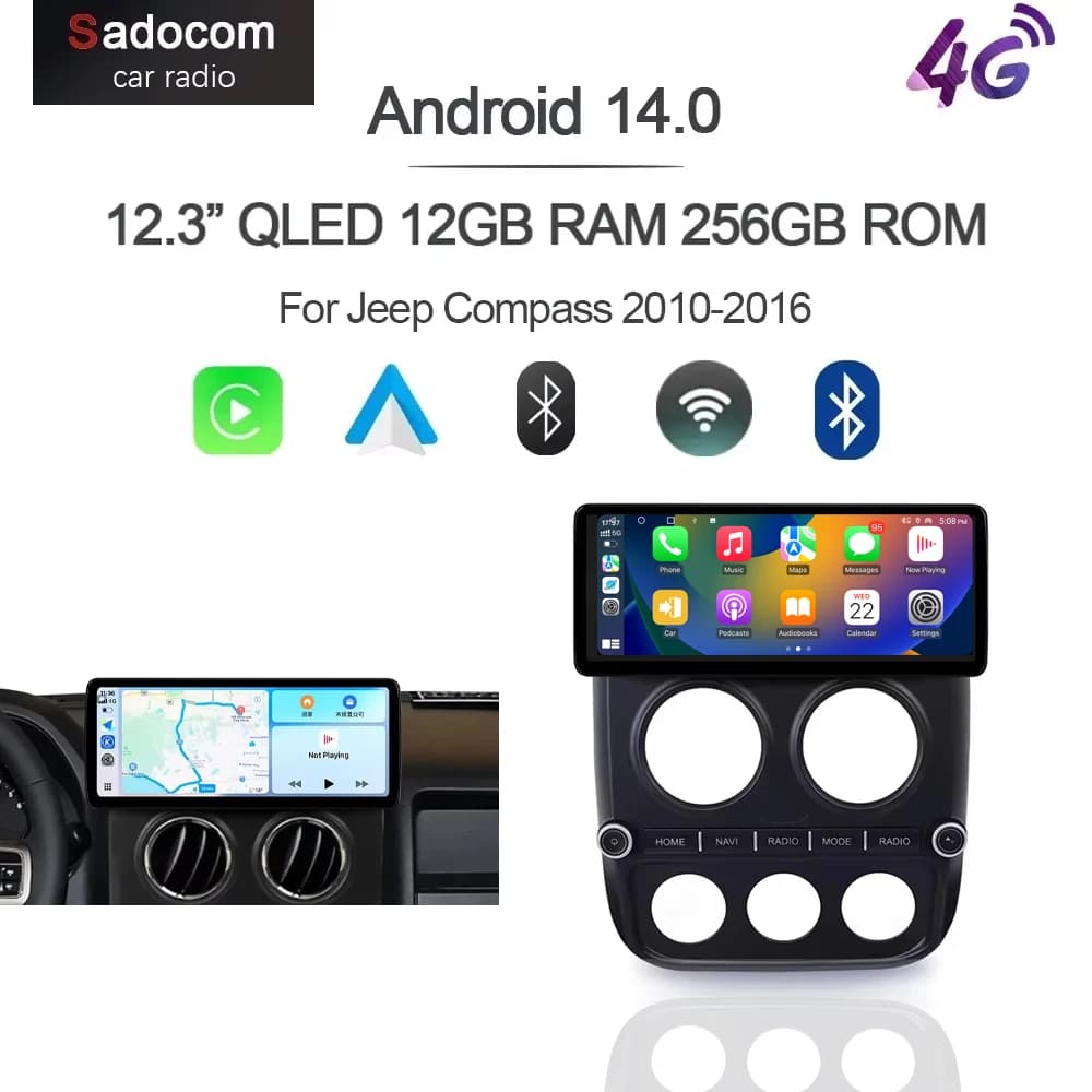 12.3 "720P 8G + 256G Carplay Android 14 Lettore per auto GPS WIFI autoradio navigazione multimediale Per Jeep Compass 2010-2016