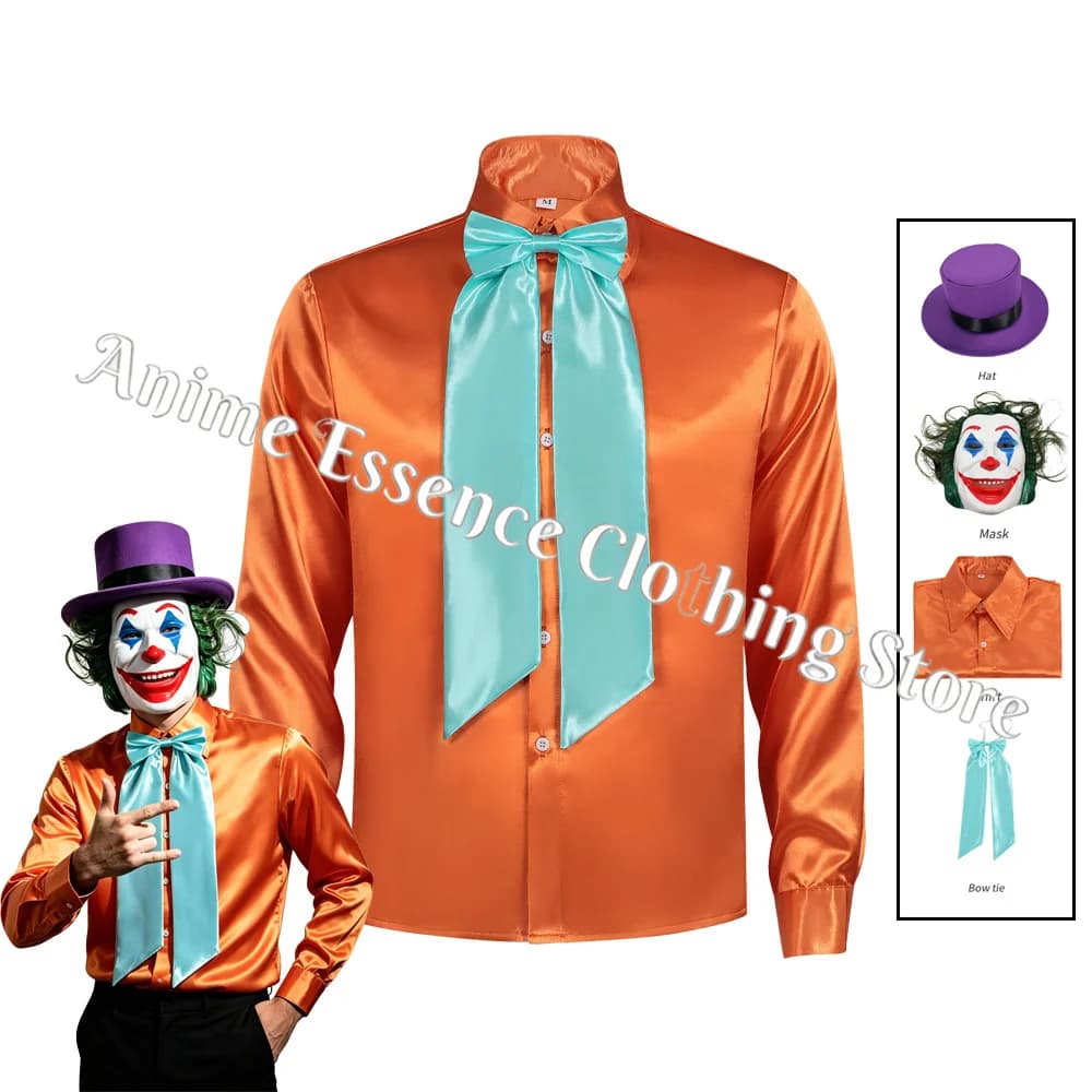 Costume cosplay horror anime, camicia gialla, cappello a cilindro, maschera a mezza faccia, set completo di costumi per performance di Halloween.