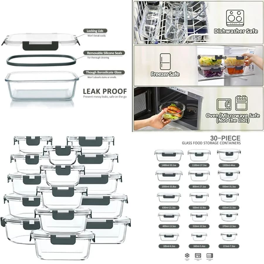 Set di 30 Contenitori in Vetro per Alimenti con Coperchi a Chiusura Ermetica, Set di Contenitori in Vetro per Preparazione Pasti - Contenitori Ermetici per Pranzo, Microondabili
