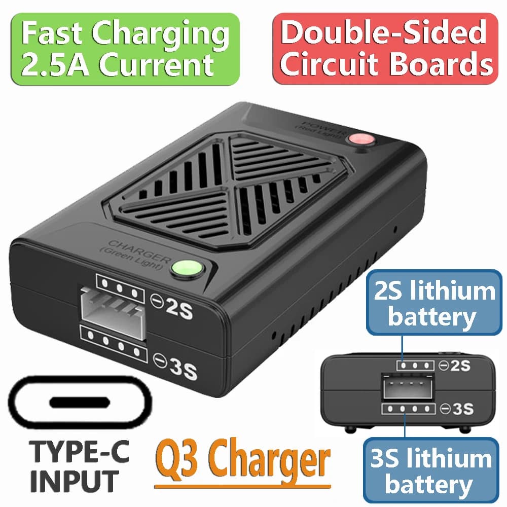 Q3 Compact Balance Charger 2S 3S Lithium Battery 2.5A-3A Fast Flash Charging for Hyper Go MJX RC Vehicle Drones TypeC Parts