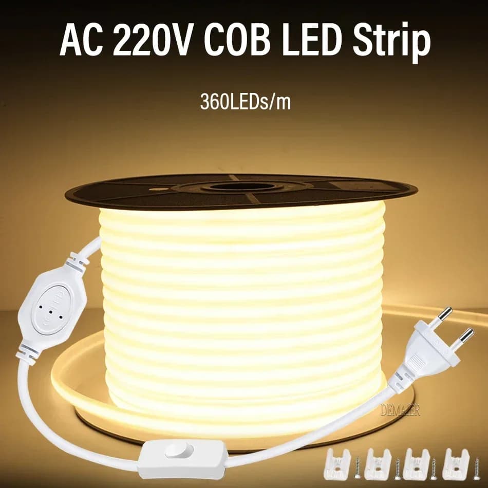 Striscia LED COB 220V Luci esterne impermeabili Spina dimmerabile 110V 360Leds/M RA90 Alta luce 3000K 4000K 6000K Nastro bianco caldo