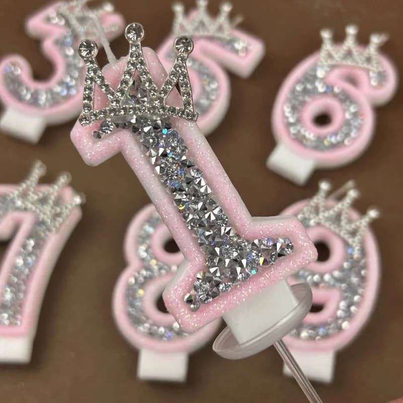 Digital Candles 0-9 Decorative Birthday Candles for Creative Cake with Silver Pink Rhinestone Crown