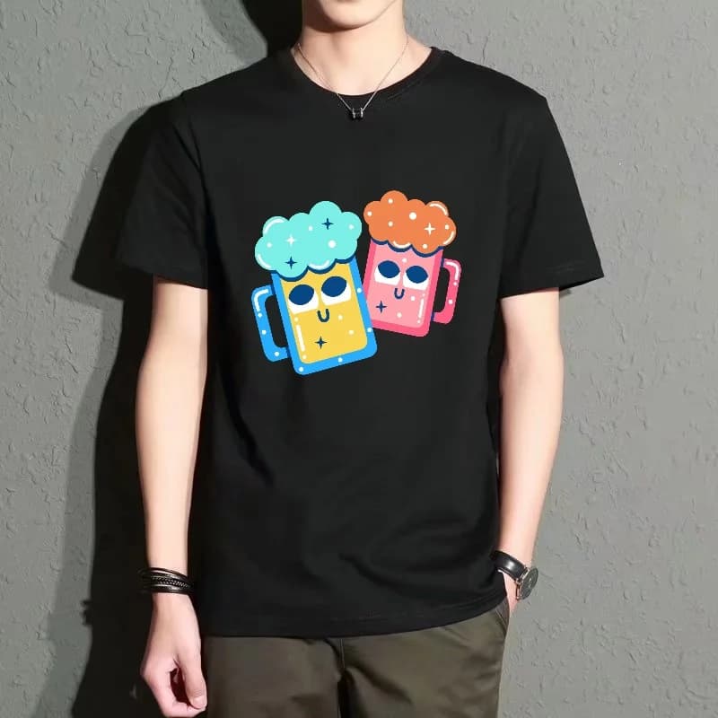 Men's Black Round-Neck Short-Sleeved T-Shirt with Fun Beer Mug Print, Loose-Fitting Top, Suitable for Everyday Casual Wear, Versatile and Trendy, Breathable Polyester Fabric