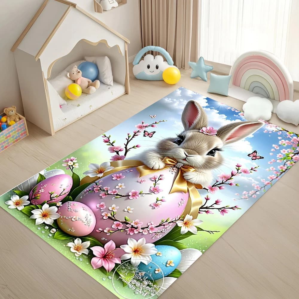 Tappeto con coniglio primaverile Tappeto decorativo per la camera dei bambini di Pasqua Tappeto per la decorazione delle feste per la casa