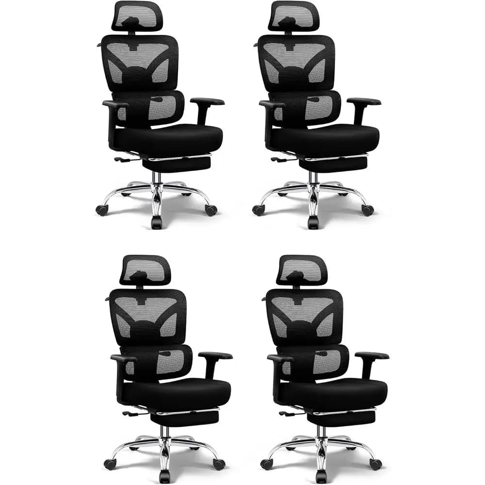 Sedia da scrivania ergonomica con schienale alto e poggiapiedi, per persone di statura alta e robuste, braccioli 3D, supporto lombare, comoda per il gaming, nera - Confezione da 4