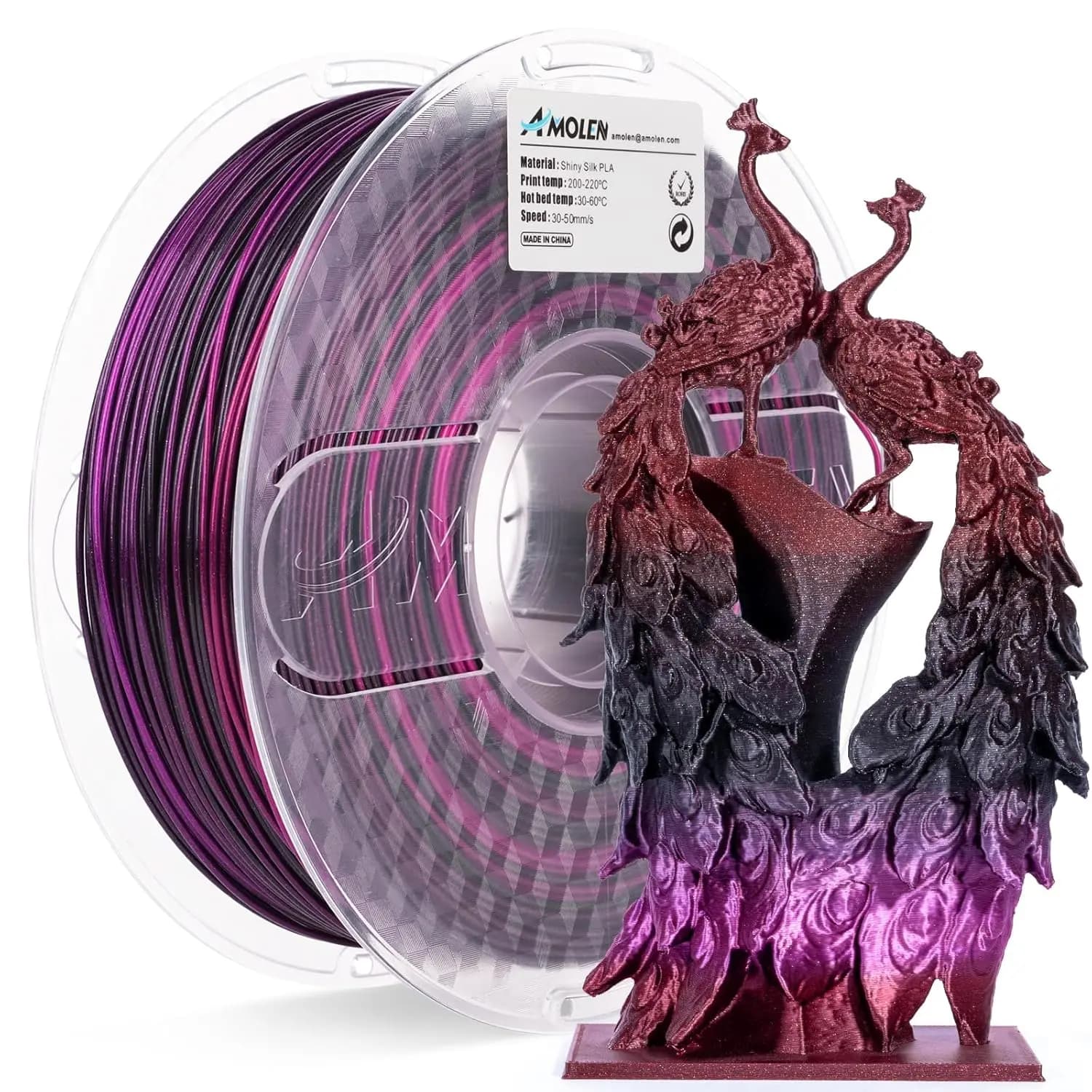 3D Printer Filament Silk Effect PLA 1.75mm Black Purple Red Fuchsia 1KG/2.2lb Compatible with Printers and Pens