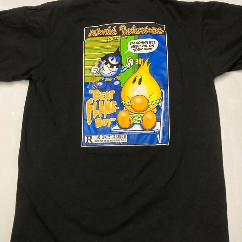 INDUSTRI DEL MONDO Flameboy Wet Willy T Shirt Originale Vintage anni '90 Skate Wear RARO
