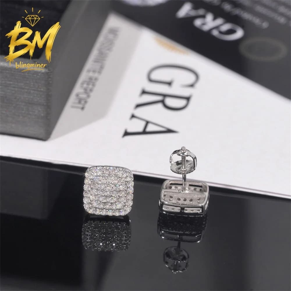Blingminer 10MM Width Sterling S925 Silver VVS Moissanite Earrings For Men Women Ear Studs Jewelry Pass Diamonds Tester GRA