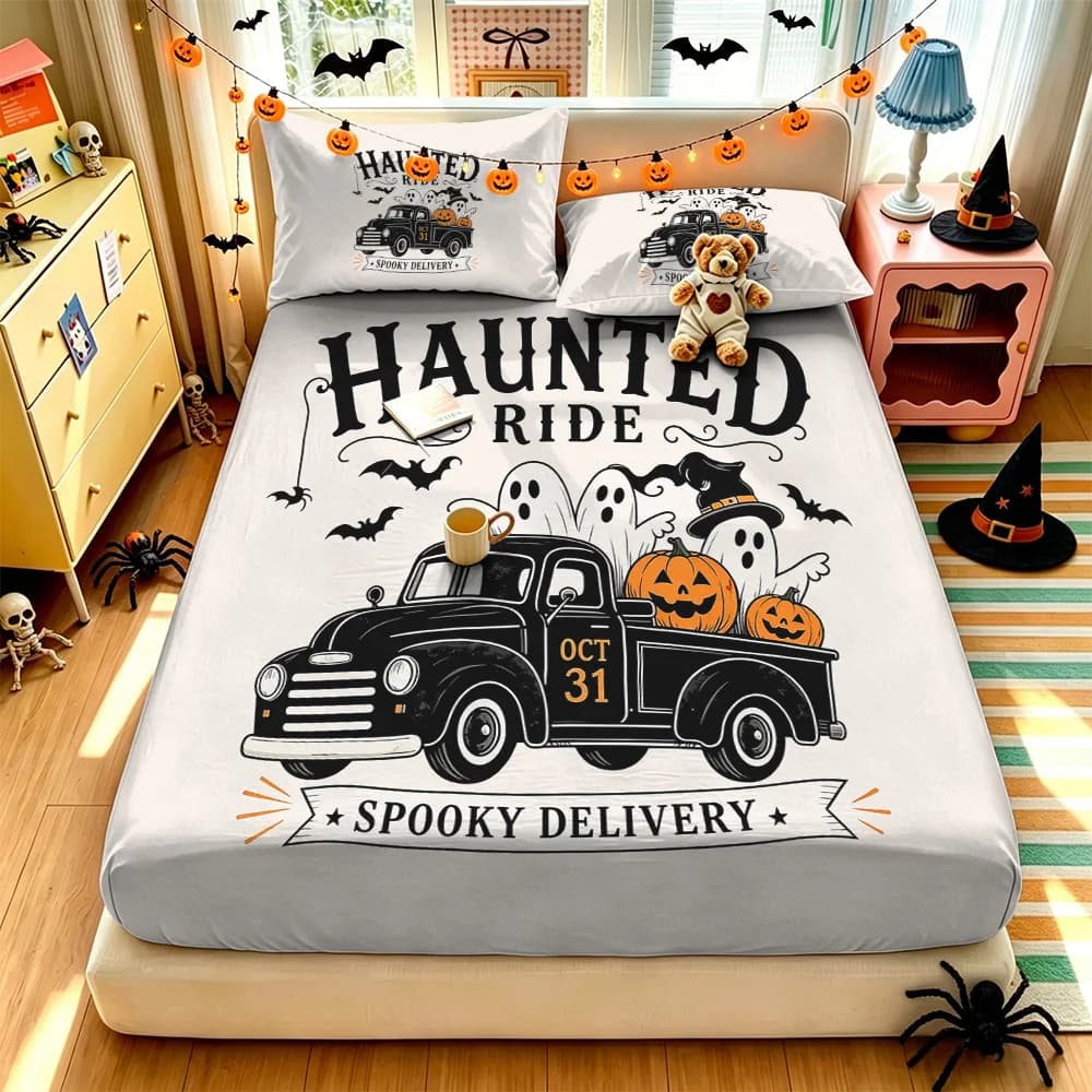 3PCS Halloween Ghost Pumpkin Truck Bedding Set including a pillowcase and a duvet cover soft materials bedroom decoration
