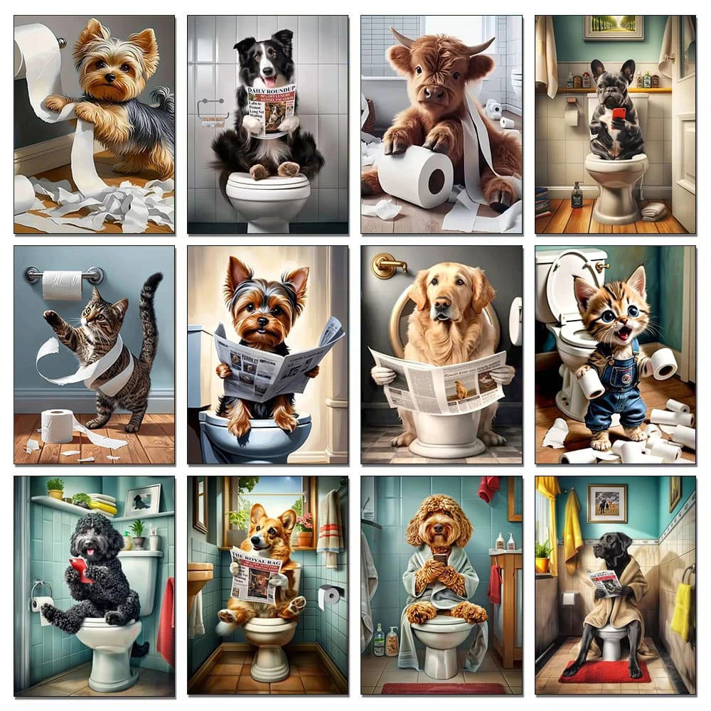 Dog Diamond Painting Cat Toilet Cartoon Diamond Mosaic Animal Full Round/Square Drill Embroidery Funny Bathroom Wall Decor Ar