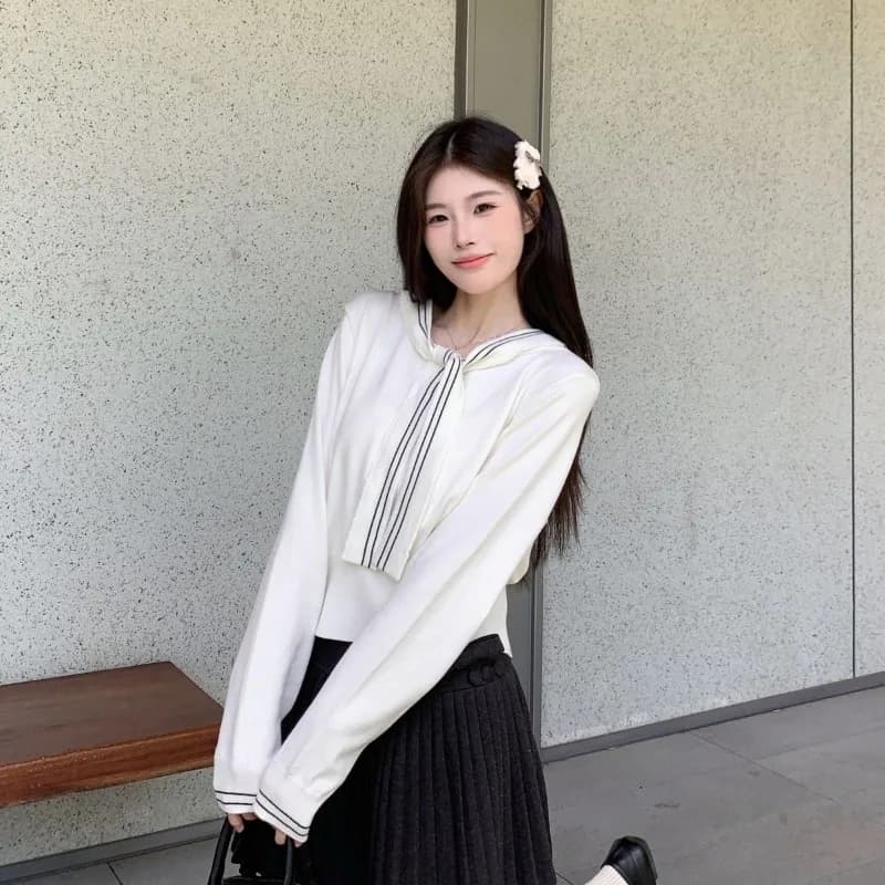Donna autunno inverno stile preppy coreano colletto alla marinara tinta unita maglieria a maniche lunghe moda donna tutto-fiammifero tendenza dolce top