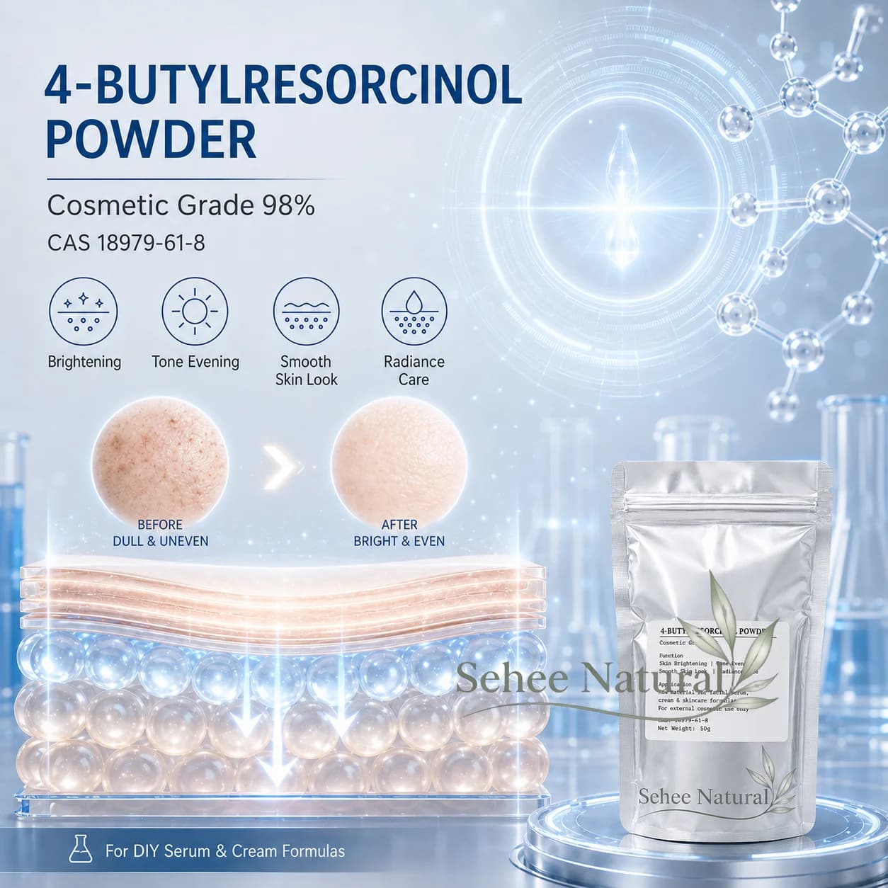 98% 4-Butylresorcinol Cosmetic Powder High Purity DIY Skincare Ingredient for Facial Serum Cream Tone Care CAS 18979-61-8