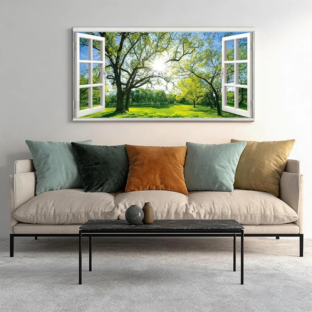 Painted on canvas with large wooden frame, 1 piece. Open windows, lush green landscape.