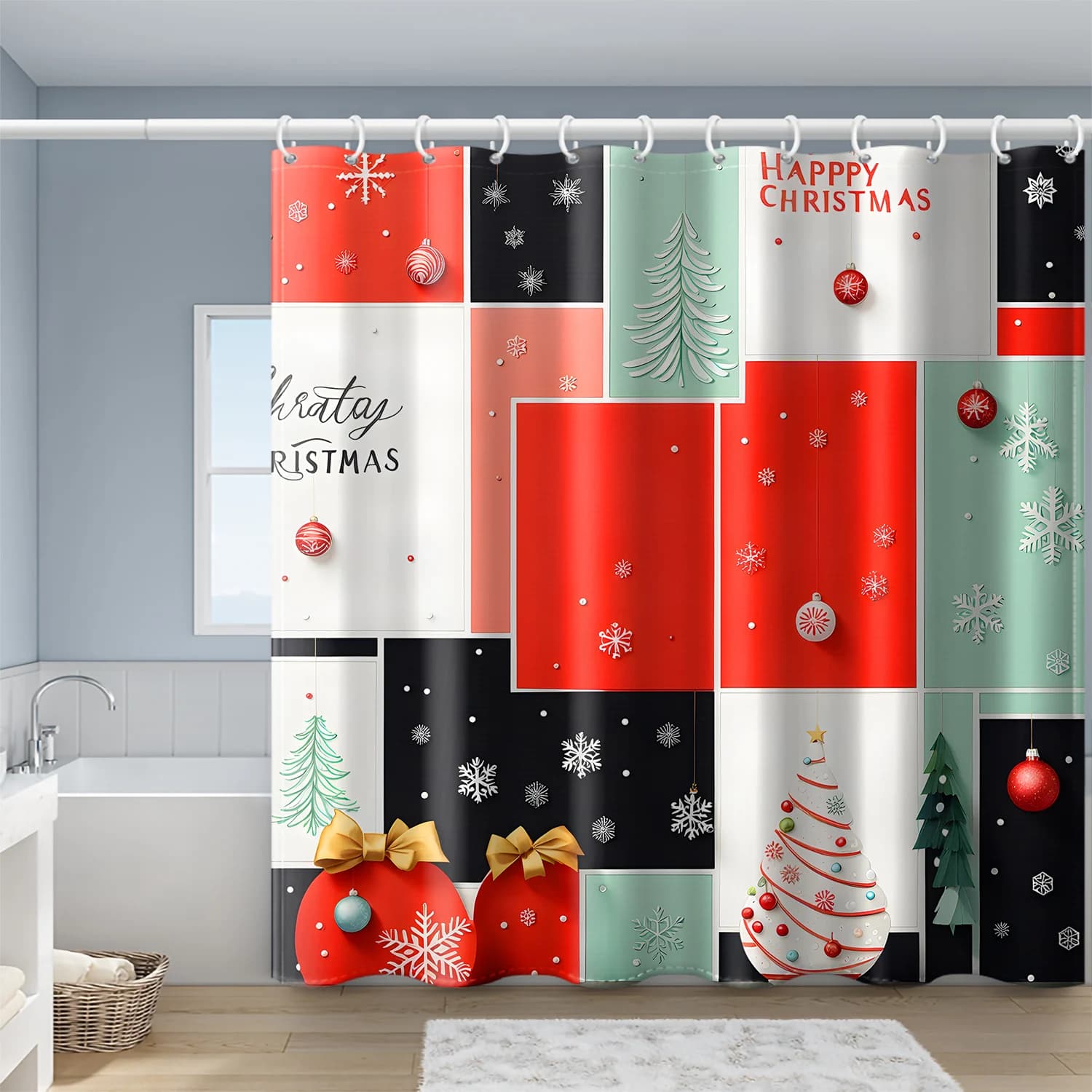 1 pezzo di tenda da doccia con renne albero di natale con griglia geometrica colorata con gancio in plastica, bagno stampato natalizio in cartone animato